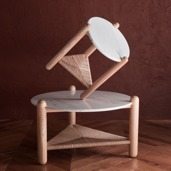 Safavieh Macianna Woven Shelf Accent Table White / Natural Wood / Woven Cord / Marble SFV4145B-2BX