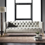 Safavieh Florentino Sofa Tufted Light Grey Gold Fabric Metal Pine Wood Polyester Couture SFV4506A 889048472556