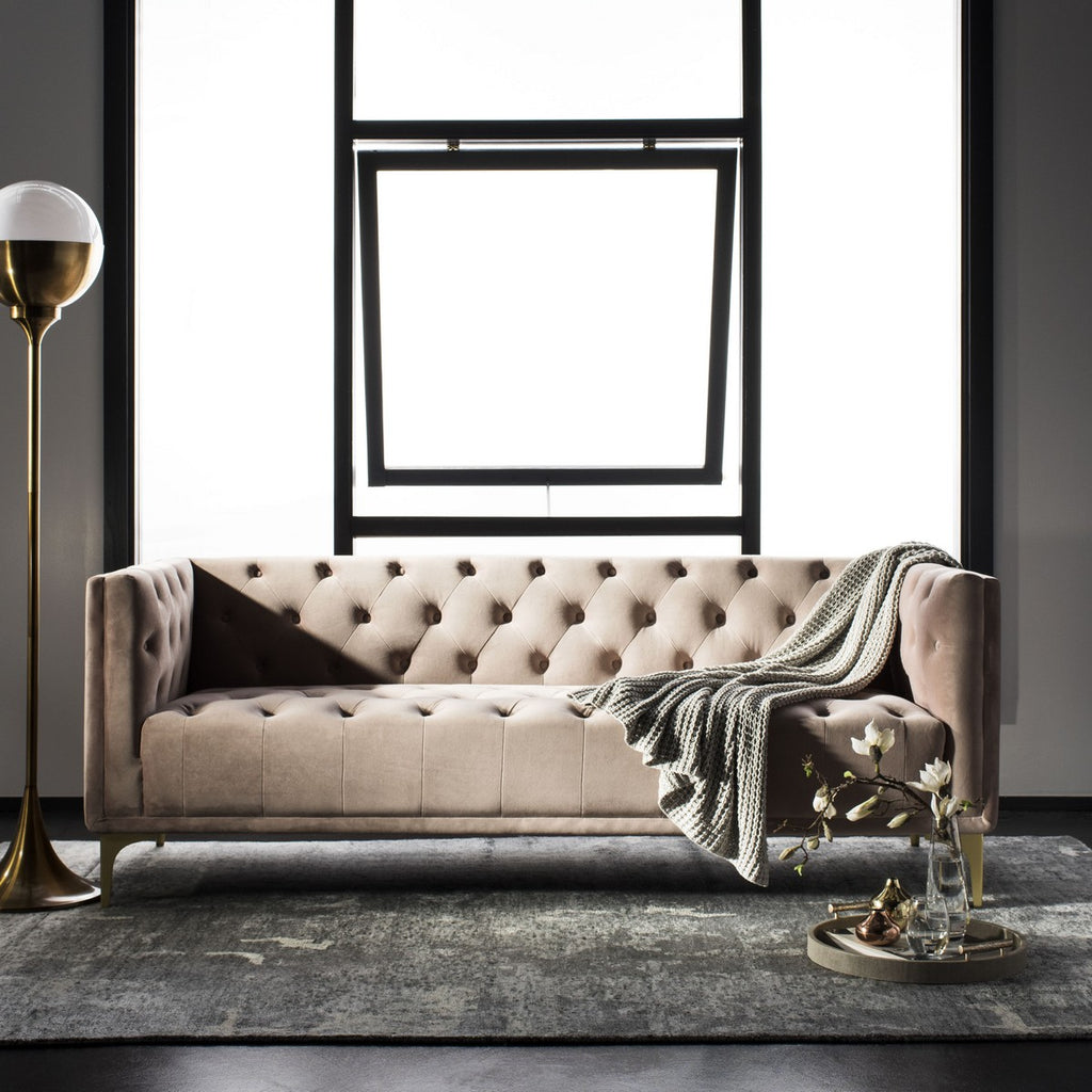 Safavieh Florentino Sofa Tufted Dusty Rose Gold Fabric Metal Pine Wood Polyester Couture SFV4506B 889048472563