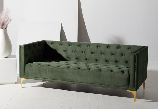 Safavieh Florentino Tufted Sofa Forest Green / Gold Wood / Fabric / Cushion / Metal SFV4506D