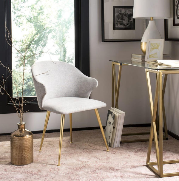 Safavieh Edmond Arm Chair Poly Blend Light Grey Gold Fabric Metal Pine Wood Polyester Acrylic Couture SFV4507B 889048472587