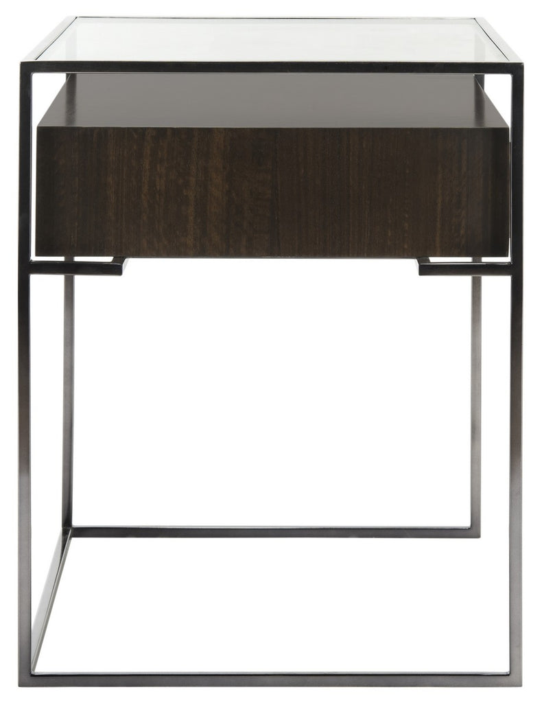 Safavieh Caelan Side Table Tempered Glass Natural Steel Black Nickel Eucalyptus Veneer Couture SFV6020A 889048280939