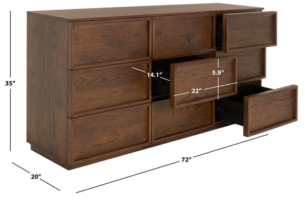 Safavieh Zeus 9 Drawer Dresser Medium Oak 72 IN W x 20 IN D x 35 IN H