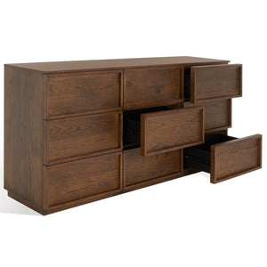 Safavieh Zeus 9 Drawer Dresser Medium Oak 72 IN W x 20 IN D x 35 IN H
