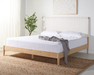 Safavieh Cassity Leather Headboard King Bed White / Natural Wood / Leather SFV8200A-K-2BX