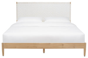 Safavieh Cassity Leather Headboard Queen Bed White / Natural Wood / Leather SFV8200A-Q-2BX