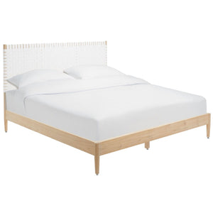 Safavieh Cassity Leather Headboard Queen Bed White / Natural Wood / Leather SFV8200A-Q-2BX