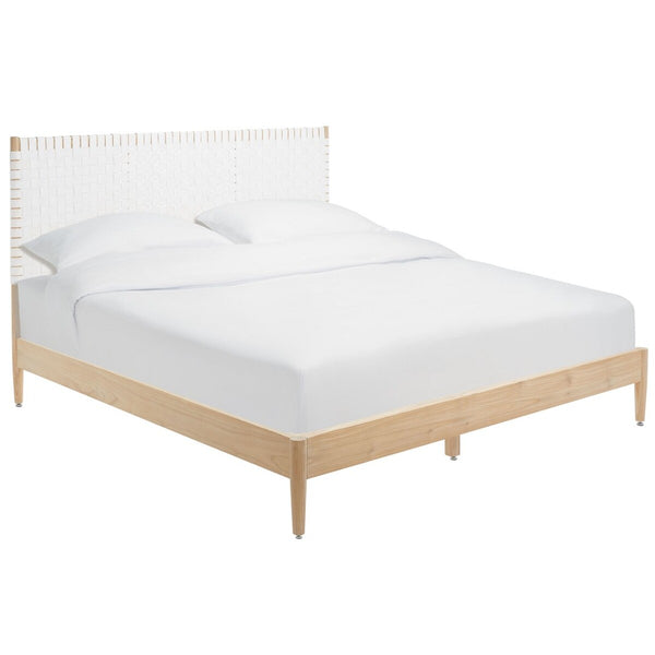 Safavieh Cassity Leather Headboard Queen Bed White / Natural Wood / Leather SFV8200A-Q-2BX