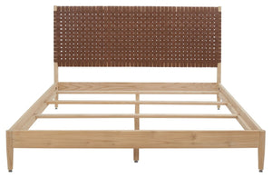 Safavieh Cassity Leather Headboard Queen Bed Brown / Natural Wood / Leather SFV8200C-Q-2BX
