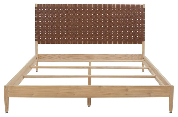 Safavieh Cassity Leather Headboard Queen Bed Brown / Natural Wood / Leather SFV8200C-Q-2BX