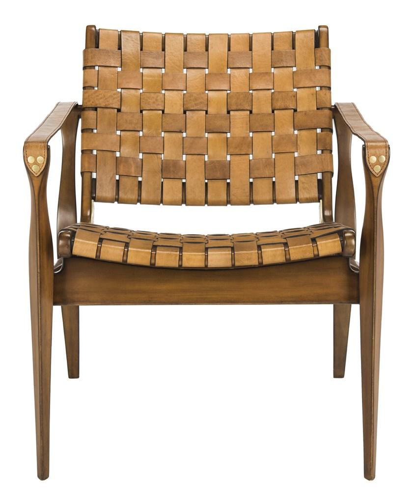 Safavieh Dilan Safari Chair Leather Cherry Brown Light Wood Mahogany Couture SFV9005B 889048348936