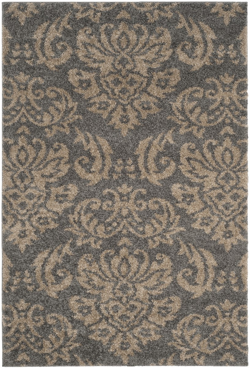 Florida Power Loomed Shag Rug - Stone Grey with Beige Floral Motifs for Modern and Casual Decor