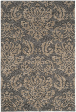 Florida Power Loomed Shag Rug - Stone Grey with Beige Floral Motifs for Modern and Casual Decor