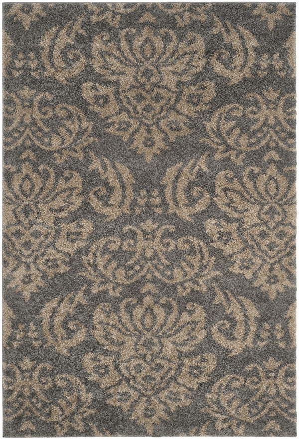Florida Power Loomed Shag Rug - Stone Grey with Beige Floral Motifs for Modern and Casual Decor
