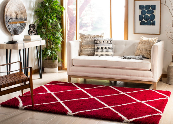 Hudson Shag 281 Shag Power Loomed Polypropylene Rug Red / Ivory