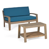 Grenada Loveseat and Coffee Table Set for Patio, Acacia Wood, Gray Finish with Teal Outdoor Cushions Noble House