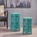 Noble House Eliana Outdoor 12 Inch and 14 Inch Crackle Teal Sunburst Iron Side Table Set
