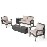 Kahala Outdoor 4 Seater Wicker Chat Set with Fire Pit, Gray and Light Gray  Noble House
