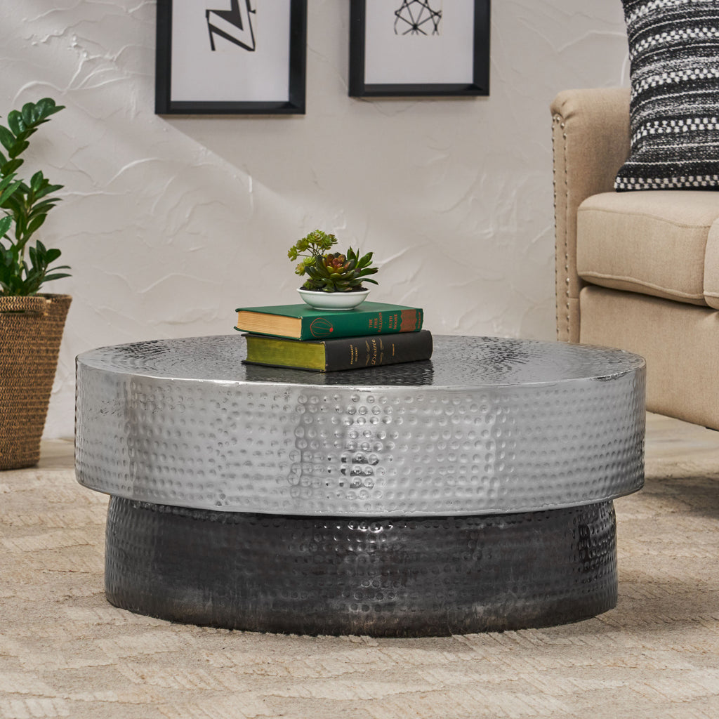 Noble House Thelen Modern Handcrafted Hammered Aluminum Two Toned Coffee Table, Antique Pewter