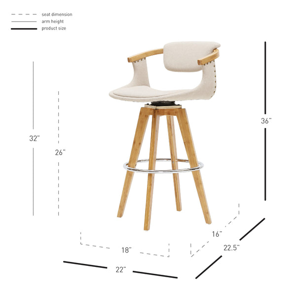 Darwin 360-Degree Swivel Counter Stool - Chic Mid-Century Design with Bamboo Legs and Linen Upholstery