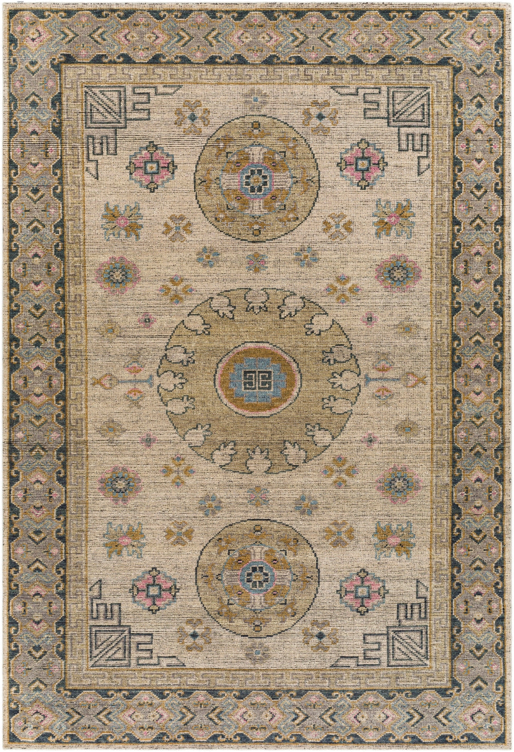 Smyrna SMY-2301 Traditional Wool Rug SMY2301-912 Dark Green, Wheat, Pale Pink, Denim, Medium Gray, Beige, Black 100% Wool 9' x 12'