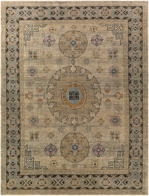 Smyrna SMY-2301 Traditional Wool Rug SMY2301-810 Dark Green, Wheat, Pale Pink, Denim, Medium Gray, Beige, Black 100% Wool 8' x 10'