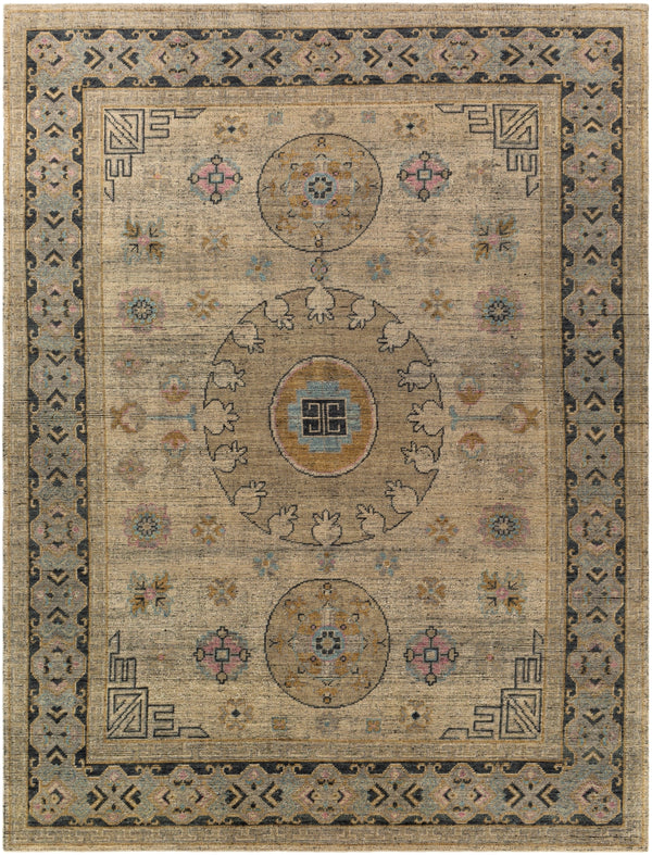 Smyrna SMY-2301 Traditional Wool Rug SMY2301-810 Dark Green, Wheat, Pale Pink, Denim, Medium Gray, Beige, Black 100% Wool 8' x 10'