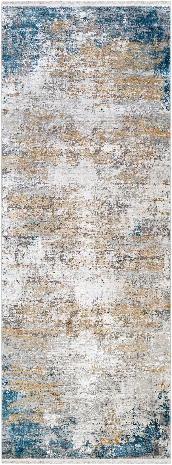 Solar SOR-2301 Modern Viscose, Acrylic Rug SOR2301-38 Sky Blue, Dark Blue, Bright Yellow, White, Taupe, Medium Gray 70% Viscose, 30% Acrylic 3' x 8'