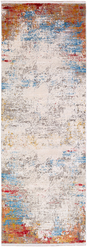 Solar SOR-2303 Modern Viscose, Acrylic Rug SOR2303-38 Burnt Orange, Bright Yellow, Bright Red, Sky Blue, White, Taupe, Medium Gray 70% Viscose, 30% Acrylic 3' x 8'