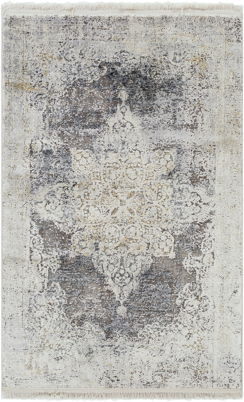 Solar SOR-2305 Traditional Viscose, Acrylic Rug SOR2305-9613 Charcoal, Taupe, Medium Gray, Bright Yellow, White, Light Gray 70% Viscose, 30% Acrylic 9'6" x 13'