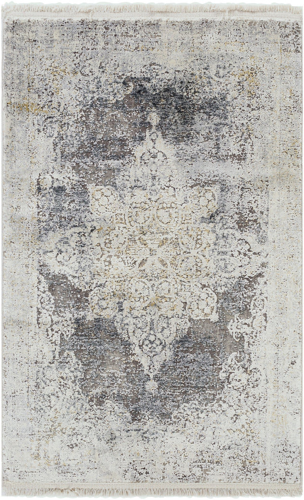 Solar SOR-2305 Traditional Viscose, Acrylic Rug SOR2305-9613 Charcoal, Taupe, Medium Gray, Bright Yellow, White, Light Gray 70% Viscose, 30% Acrylic 9'6" x 13'