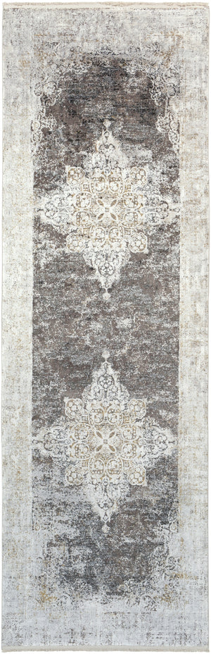 Solar SOR-2305 Traditional Viscose, Acrylic Rug SOR2305-3910 Charcoal, Taupe, Medium Gray, Bright Yellow, White, Light Gray 70% Viscose, 30% Acrylic 3' x 9'10"