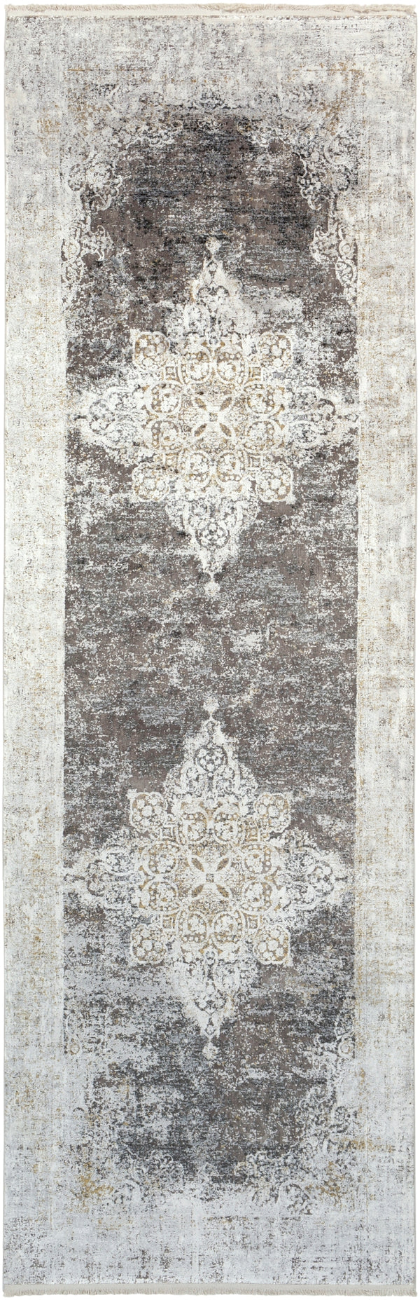 Solar SOR-2305 Traditional Viscose, Acrylic Rug SOR2305-3910 Charcoal, Taupe, Medium Gray, Bright Yellow, White, Light Gray 70% Viscose, 30% Acrylic 3' x 9'10"