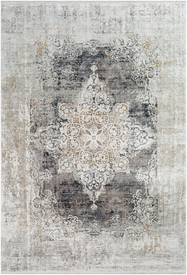 Solar SOR-2305 Traditional Viscose, Acrylic Rug SOR2305-576 Charcoal, Taupe, Medium Gray, Bright Yellow, White, Light Gray 70% Viscose, 30% Acrylic 5' x 7'6"