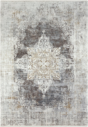Solar SOR-2305 Traditional Viscose, Acrylic Rug SOR2305-76112 Charcoal, Taupe, Medium Gray, Bright Yellow, White, Light Gray 70% Viscose, 30% Acrylic 7'6" x 11'2"