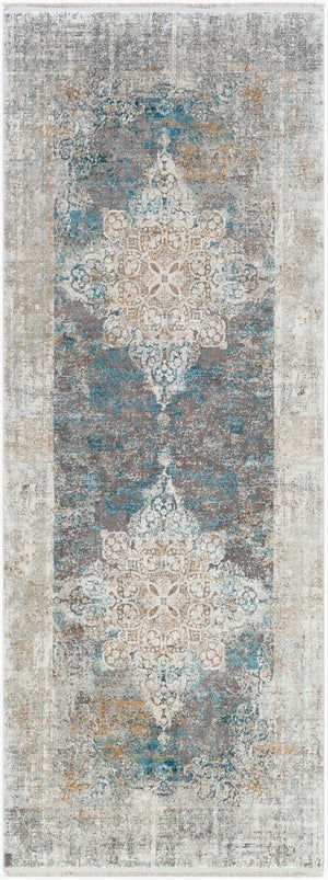 Solar SOR-2306 Traditional Viscose, Acrylic Rug SOR2306-38 Sky Blue, Dark Blue, Taupe, Medium Gray, Light Gray, White, Bright Yellow 70% Viscose, 30% Acrylic 3' x 8'