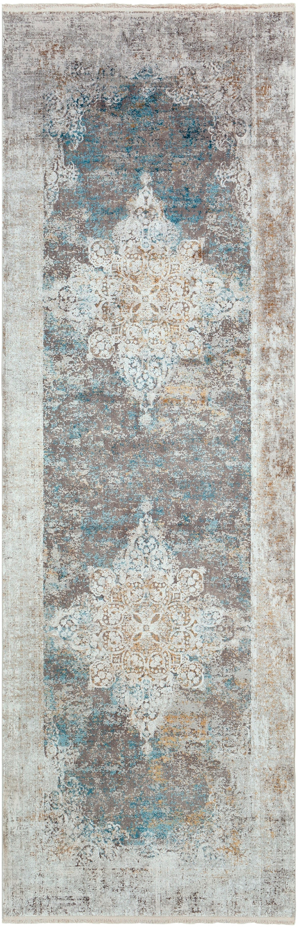 Solar SOR-2306 Traditional Viscose, Acrylic Rug SOR2306-3910 Sky Blue, Dark Blue, Taupe, Medium Gray, Light Gray, White, Bright Yellow 70% Viscose, 30% Acrylic 3' x 9'10"