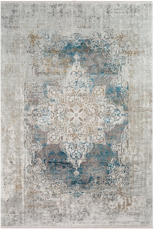Solar SOR-2306 Traditional Viscose, Acrylic Rug SOR2306-576 Sky Blue, Dark Blue, Taupe, Medium Gray, Light Gray, White, Bright Yellow 70% Viscose, 30% Acrylic 5' x 7'6"