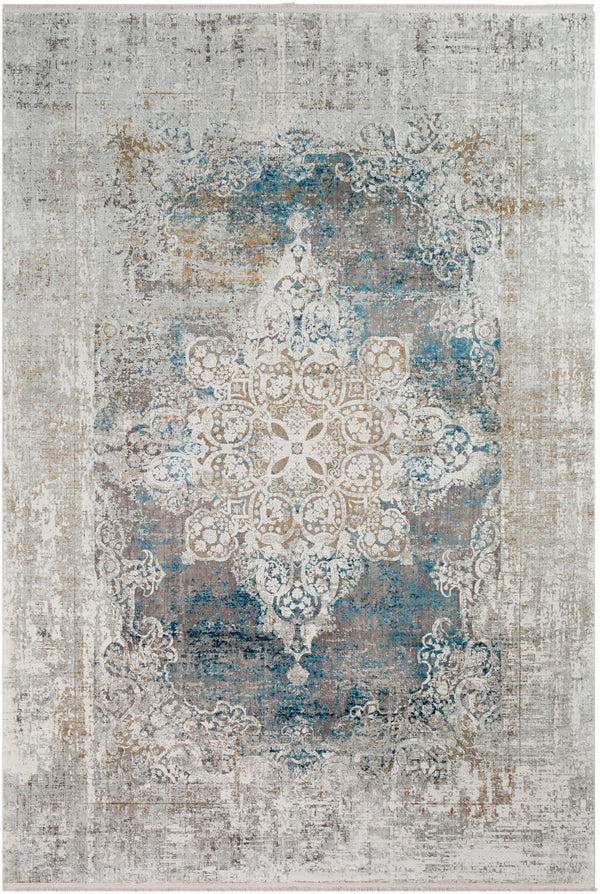 Solar SOR-2306 Traditional Viscose, Acrylic Rug SOR2306-576 Sky Blue, Dark Blue, Taupe, Medium Gray, Light Gray, White, Bright Yellow 70% Viscose, 30% Acrylic 5' x 7'6"