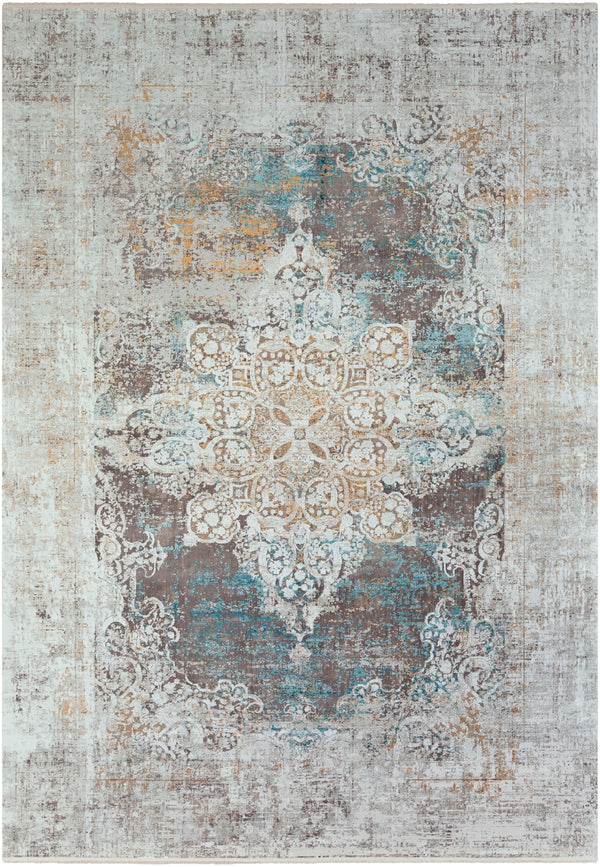 Solar SOR-2306 Traditional Viscose, Acrylic Rug SOR2306-76112 Sky Blue, Dark Blue, Taupe, Medium Gray, Light Gray, White, Bright Yellow 70% Viscose, 30% Acrylic 7'6" x 11'2"