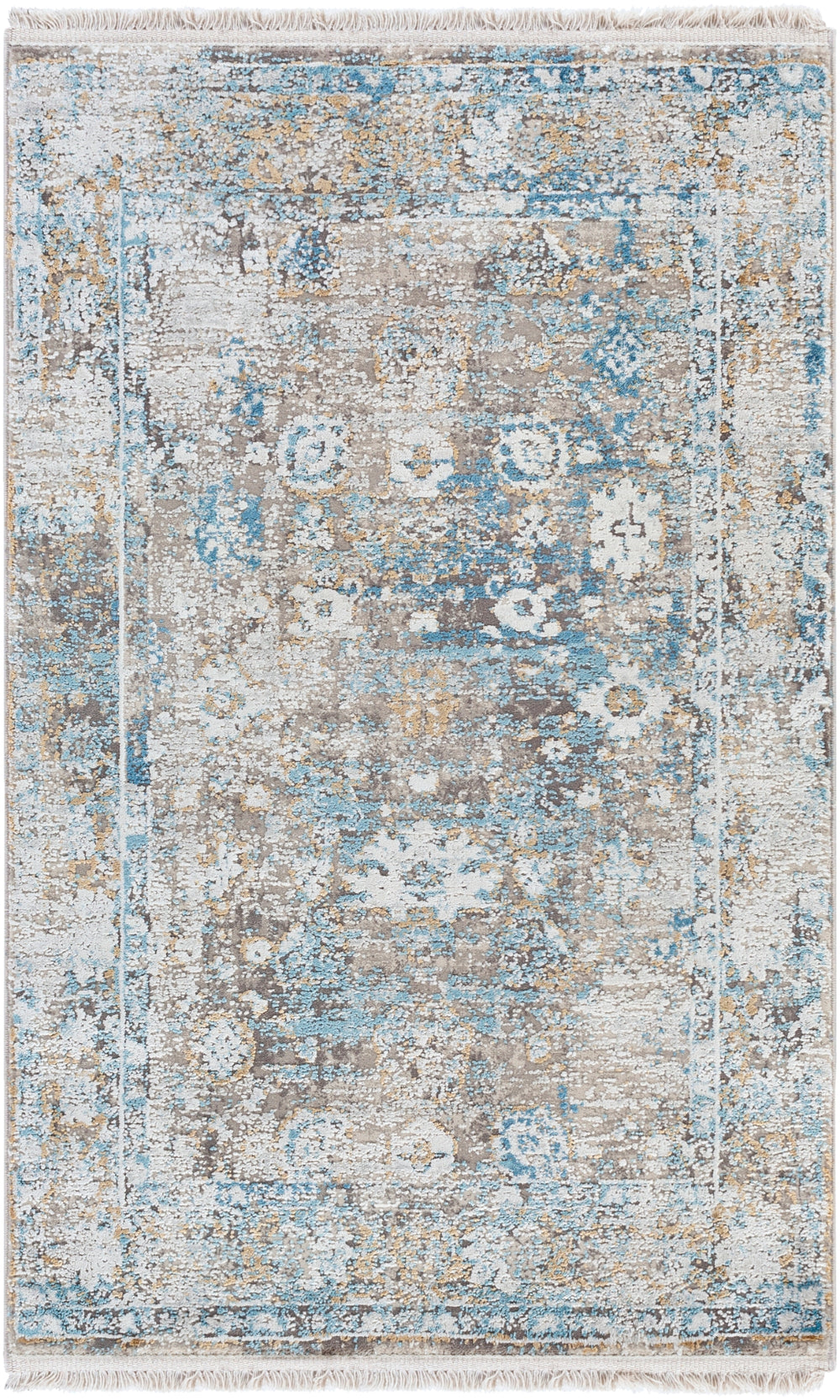 Solar SOR-2307 Traditional Viscose, Acrylic Rug SOR2307-9613 Sky Blue, Dark Blue, Taupe, Medium Gray, Light Gray, White, Bright Yellow 70% Viscose, 30% Acrylic 9'6" x 13'