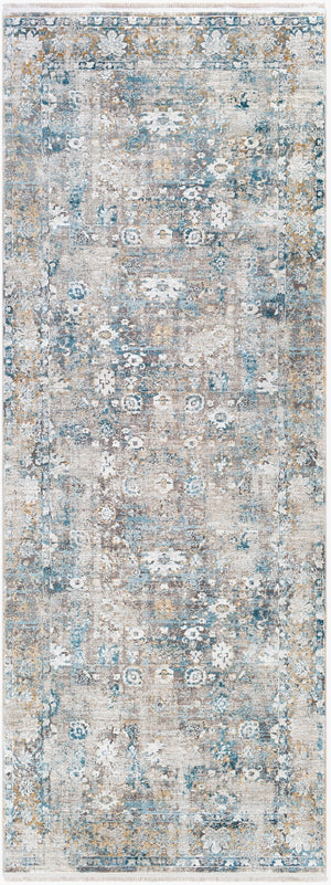 Solar SOR-2307 Traditional Viscose, Acrylic Rug SOR2307-38 Sky Blue, Dark Blue, Taupe, Medium Gray, Light Gray, White, Bright Yellow 70% Viscose, 30% Acrylic 3' x 8'