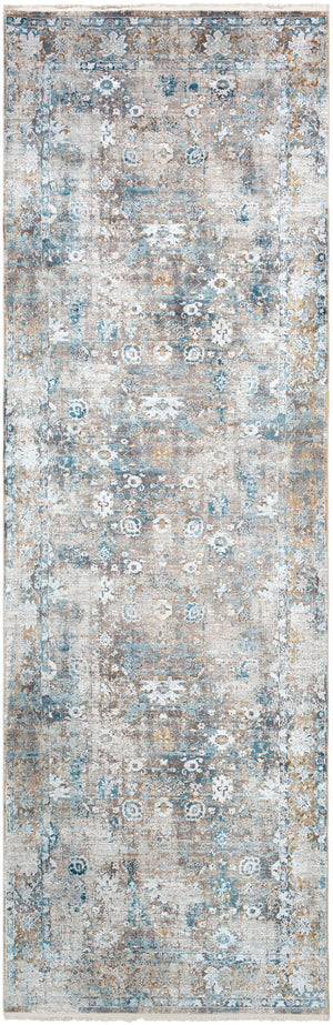 Solar SOR-2307 Traditional Viscose, Acrylic Rug SOR2307-3910 Sky Blue, Dark Blue, Taupe, Medium Gray, Light Gray, White, Bright Yellow 70% Viscose, 30% Acrylic 3' x 9'10"
