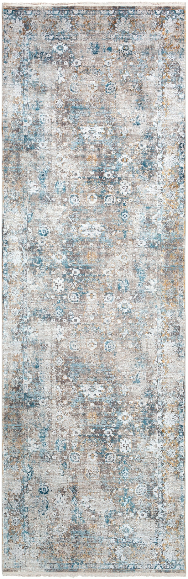 Solar SOR-2307 Traditional Viscose, Acrylic Rug SOR2307-3910 Sky Blue, Dark Blue, Taupe, Medium Gray, Light Gray, White, Bright Yellow 70% Viscose, 30% Acrylic 3' x 9'10"