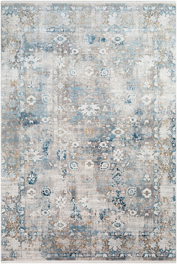 Solar SOR-2307 Traditional Viscose, Acrylic Rug SOR2307-576 Sky Blue, Dark Blue, Taupe, Medium Gray, Light Gray, White, Bright Yellow 70% Viscose, 30% Acrylic 5' x 7'6"