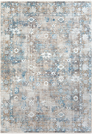Solar SOR-2307 Traditional Viscose, Acrylic Rug SOR2307-76112 Sky Blue, Dark Blue, Taupe, Medium Gray, Light Gray, White, Bright Yellow 70% Viscose, 30% Acrylic 7'6" x 11'2"