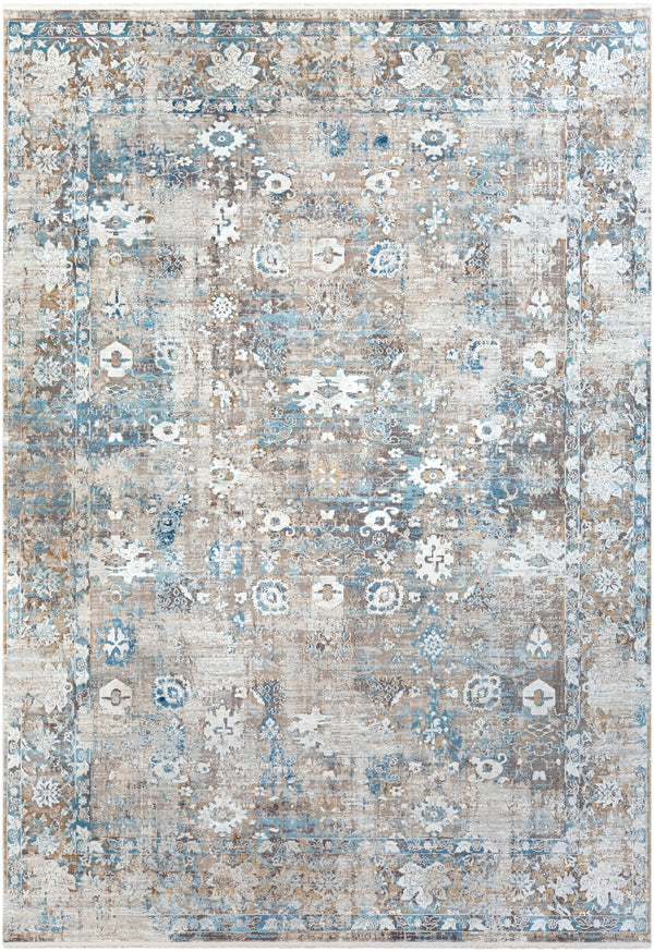 Solar SOR-2307 Traditional Viscose, Acrylic Rug SOR2307-76112 Sky Blue, Dark Blue, Taupe, Medium Gray, Light Gray, White, Bright Yellow 70% Viscose, 30% Acrylic 7'6" x 11'2"