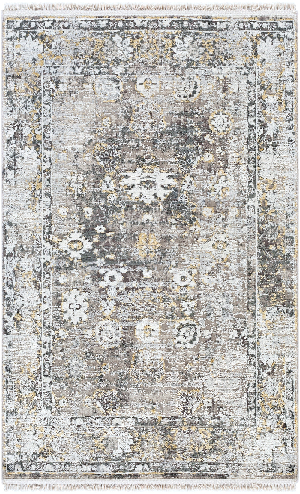 Solar SOR-2308 Traditional Viscose, Acrylic Rug SOR2308-9613 Charcoal, Taupe, Medium Gray, Bright Yellow, White, Light Gray 70% Viscose, 30% Acrylic 9'6" x 13'