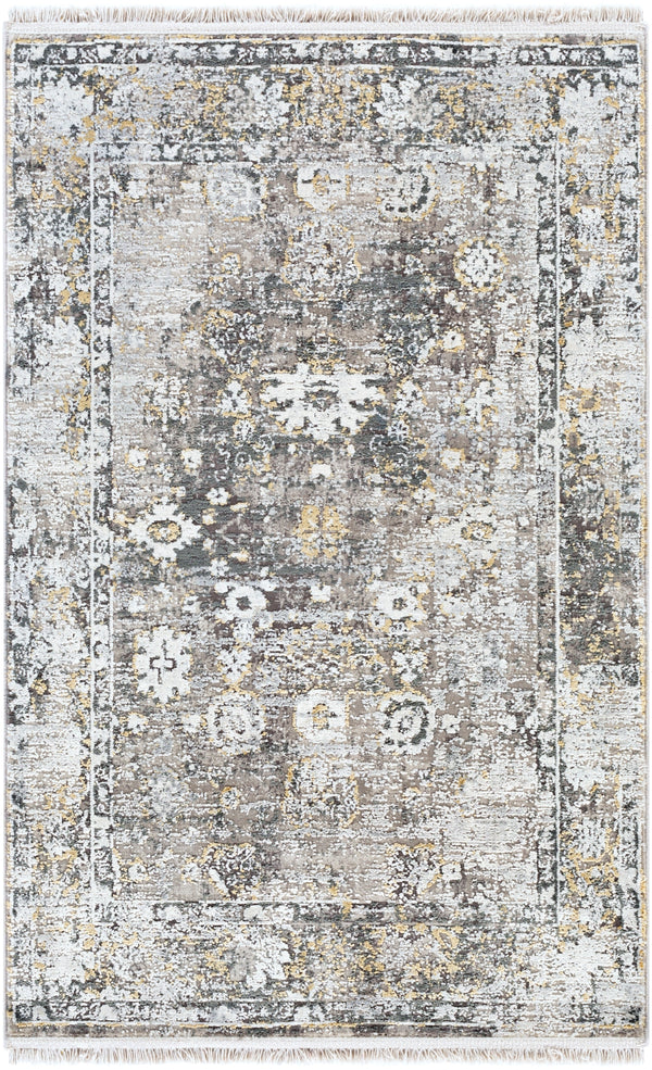 Solar SOR-2308 Traditional Viscose, Acrylic Rug SOR2308-9613 Charcoal, Taupe, Medium Gray, Bright Yellow, White, Light Gray 70% Viscose, 30% Acrylic 9'6" x 13'