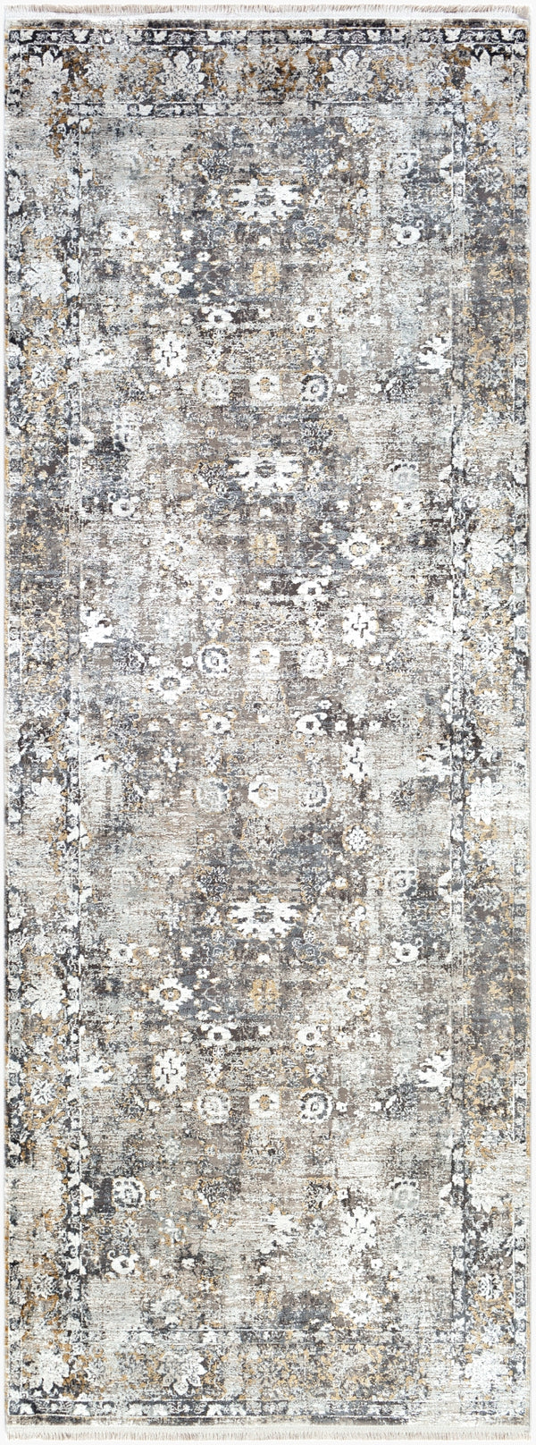 Solar SOR-2308 Traditional Viscose, Acrylic Rug SOR2308-38 Charcoal, Taupe, Medium Gray, Bright Yellow, White, Light Gray 70% Viscose, 30% Acrylic 3' x 8'